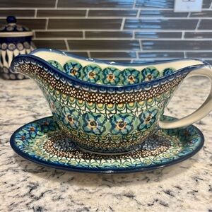 Polish Pottery Colorful Ceramic Gravy Boat with Saucer